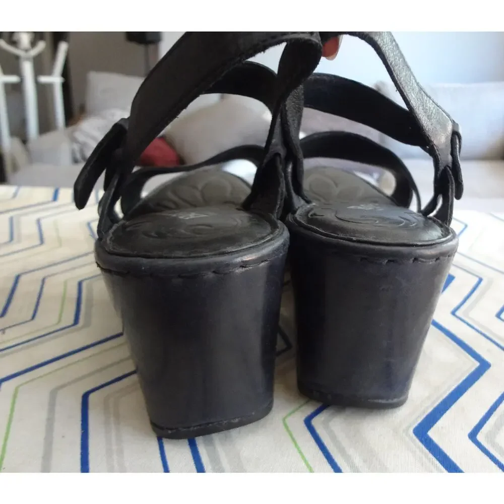 Born Du Jour Black Leather Wedge Sandals Ankle Strap Slingback Comfort Womens 9